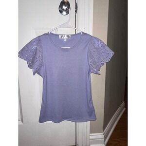 Women's Chelsea & Theodore Eyelet Sleeve Top Ribbed Knit Blouse Lavender XS